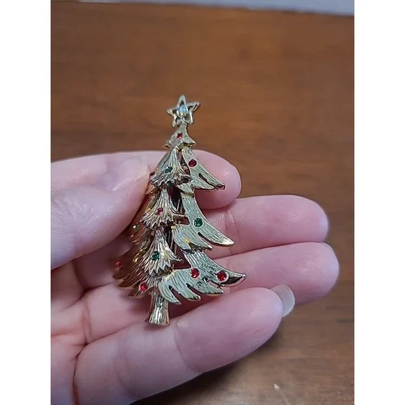 Brooch Tancer-II‎ Christmas Tree Rhinestone Gold Tone Vintage Pin Star Mcm - Picture 4 of 7